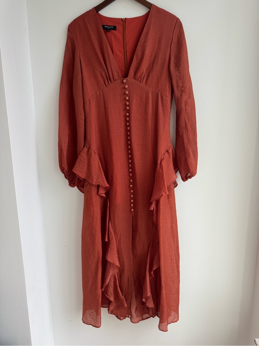 Perfect Fall Rust Long Sleeve V-Neck Ruffled Maxi Dress - Picture 3 of 5